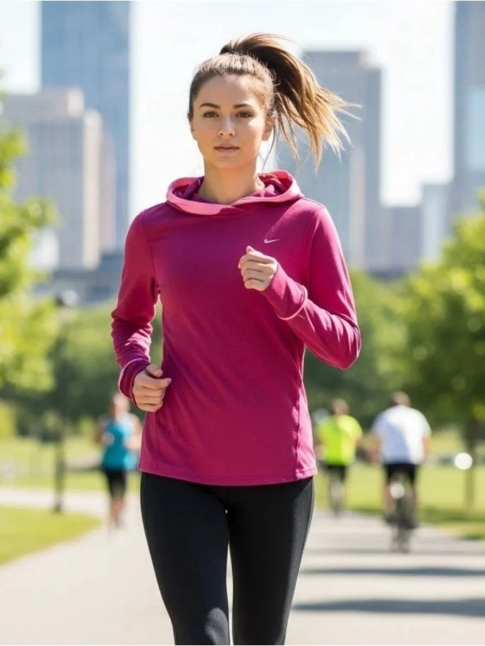 Nike Women’s Dri Fit Running Long Sleeve hood Size M Thumbholes Pink Activewear - Picture 4 of 10